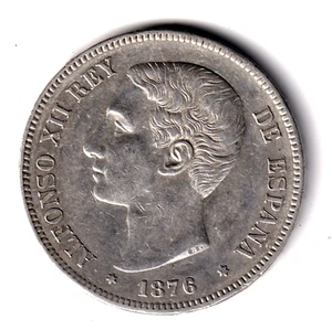 ESPAÑA 5 pesetas plata 1876 DE. M. *18* *76* muy bonito duro de Alfonso XII - Imagen 1 de 2