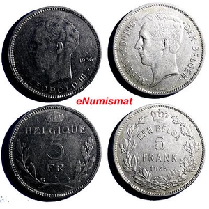 Belgio lotto 2 monete 1936,1933 5 franchi,5 franchi 31 mm KM# 108 KM# 98 (6890) - Foto 1 di 3