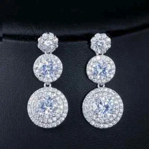 4.00Ct Round Cut Lab-Created Diamond Drop/Dangle Earrings 14K White Gold Finish - Picture 1 of 7