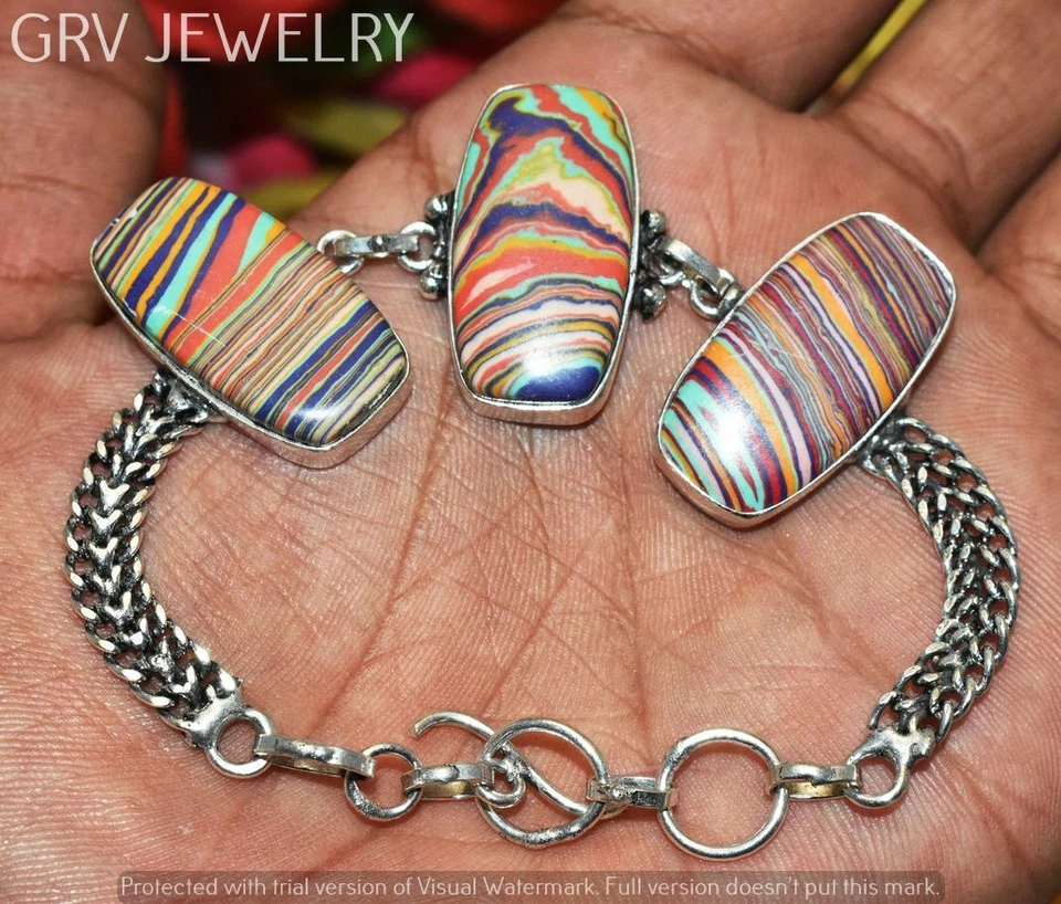 Rainbow Calsilica Bracelet 925 Sterling Silver Overlay Size 7"-8" U267B-103 - Image 1 of 1
