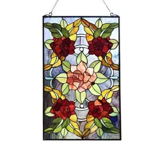 32" x 20" Tiffany-Style Rose Garden Canina Stained Glass window Panel - Picture 1 of 6