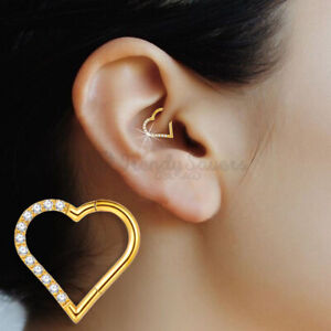 Titanium Daith Piercing Heart Cubic Zirconia Clicker Cartilage Tragus Earrings
