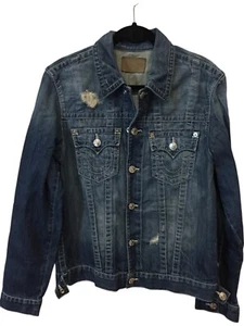 Chaqueta de camionero de mezclilla True Religion para hombre talla L azul desgastado botones a presión - Imagen 1 de 7