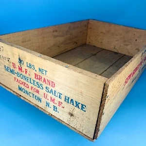 Vintage Wood Crate SemiBoneless Salt Hake Moncton NB Canada Fishing Advertising - Picture 1 of 7
