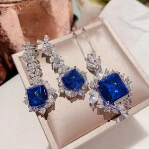 2pcs Set Sugar Tower Blue Topaz Gemstone Women Girl Earring Necklace Pendant - Picture 1 of 6