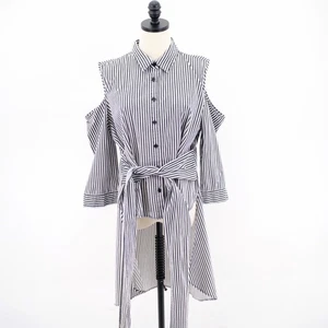 New York & Company Black White Striped Cold Shoulder High Low Dress - Picture 1 of 18
