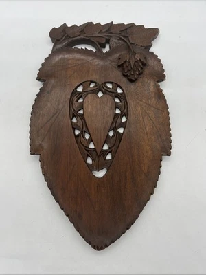 Hand Carved Wooden Leaf Grape Tray MCM Heart Harvest Vintage Black Forest - Image 1 of 4