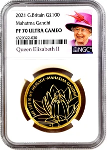 2021 Great Britain 1oz Gold £100 Mahatma Gandhi Independence of India NGC PF70 - Picture 1 of 7