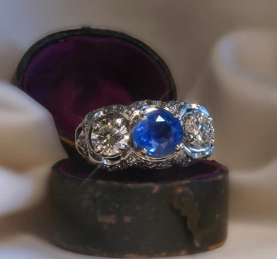 ANILLO GIA PLATINO ZAFIRO AZUL SIN CALOR DIAMANTES BIRMANIA VS MINEROS DE COLECCIÓN 6,33 CTS Foto 1 de 4
