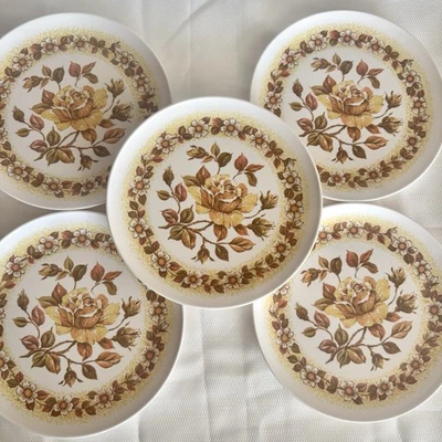 Vtg MCM Set of 5 Melamine Plastic 9" Dinner Plates Orange Yellow Roses w/ Leaves - Image 1 of 4