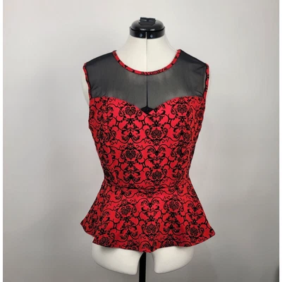 Bongo Peplum Top Juniors Large Red Black Floral Mesh Cut Out Back Whimsigoth - Image 1 of 4