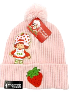 Strawberry Shortcake Beanie Hat Pink Pom Pom Cuffed Knit Cap Retro 80s Cartoon - Picture 1 of 4