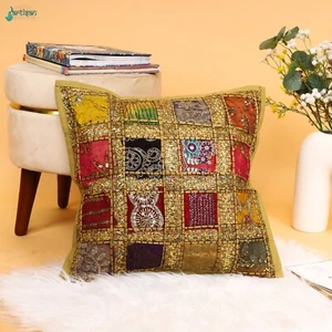 Artisan Handloom Golden Color Khambadiya Sequins Patchwork 16 Inch Cushion Cover - Picture 1 of 5