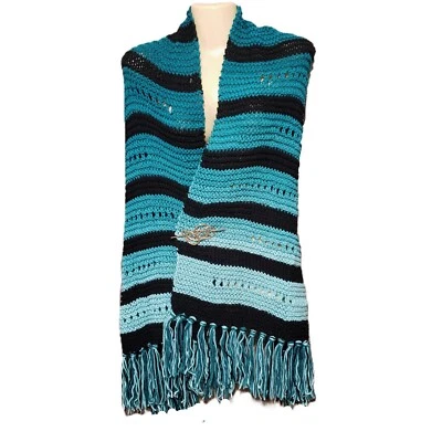 NUEVO Mantón Negro Teal Ombre Bufanda Envoltura Boho Flecos Hecho a Mano Tejido Encubrimiento Foto 1 de 4