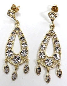 ๐โค๐ Real 14K Yellow White Gold Long DANGLING Chand Earrings Women - Picture 1 of 11