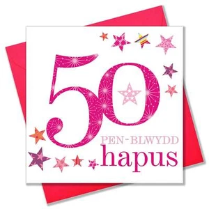 Welsh Birthday Card, Penblwydd Hapus, Pink Age 50, Happy 50th Birthday - Picture 1 of 2