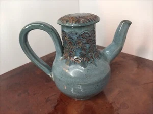 Handmade pottery Teapot w/ lid artist signed studio Art light Blue w/ brown etch - Picture 1 of 14
