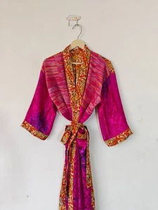 Traditional Indian Women’s Silk Sari Robe Vintage Recycled Silk Sari Kimono 664 - Picture 1 of 9