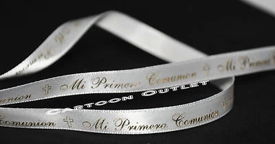 White 25 Yards Continuous Printed "Primera Comunion" Satin Ribbon 3/8 inch - Image 1 of 4