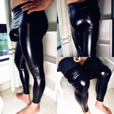 Men Strethcy Shiny Wet LOOK Leggings Cashmere PU Leather Egg Pack Pants M-3XL - Image 1 of 4
