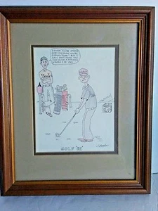 Vintage 1982 - gerahmte Bleistiftzeichnung von 2 Golfern - mehrfarbig 11x9" - Bild 1 von 10