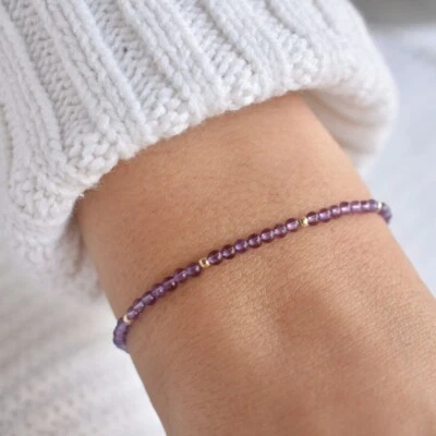 天然紫色紫水晶 3-4 毫米圆形宝石珠手工手链礼物 6-8 — 第 1/4 张图片