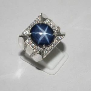 925 Sterlingsilber Ring Natürlich Blau Star Saphir Oval Cabochonschliff Herren