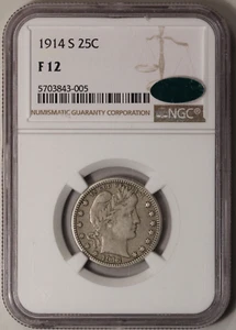 1914-S Barber Quarter NGC & CAC F-12 - Nice Coin, Tough Date! - Picture 1 of 3