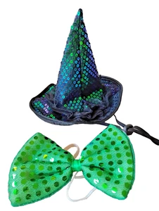 Dog Cat Witch Hat Adjustable Black Green Sequins Bow Tie Halloween Size L/XL Pet - Picture 1 of 12