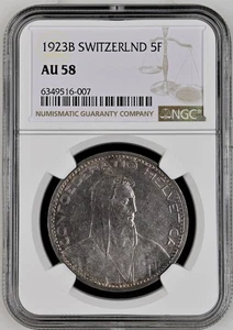 SWISS 1923 B Switzerland 5 Franc NGC AU 58 - Silver Coin KM # 38 Almost UNC - Picture 1 of 3