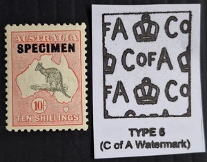 1932 Australia 10/- Grey & Pink Kangaroo stamp MCCAWMK Type D SPECIMEN $90.00. - Picture 1 of 3