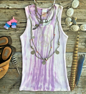 Camiseta sin mangas Peace Sign púrpura blanca tie dye oro tachuelas festival hippie groovy retro Foto 1 de 4