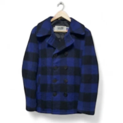 Rare Schott 740N Wool Pea Coat Blue Check Size 36 Double-Breasted 753IS VTG USA - Image 1 of 4