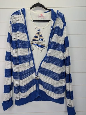 Sudadera con Capucha Quacker Factory Malla XL Azul Blanco Rayas Náutico Velero Lentejuelas Bling Foto 1 de 4