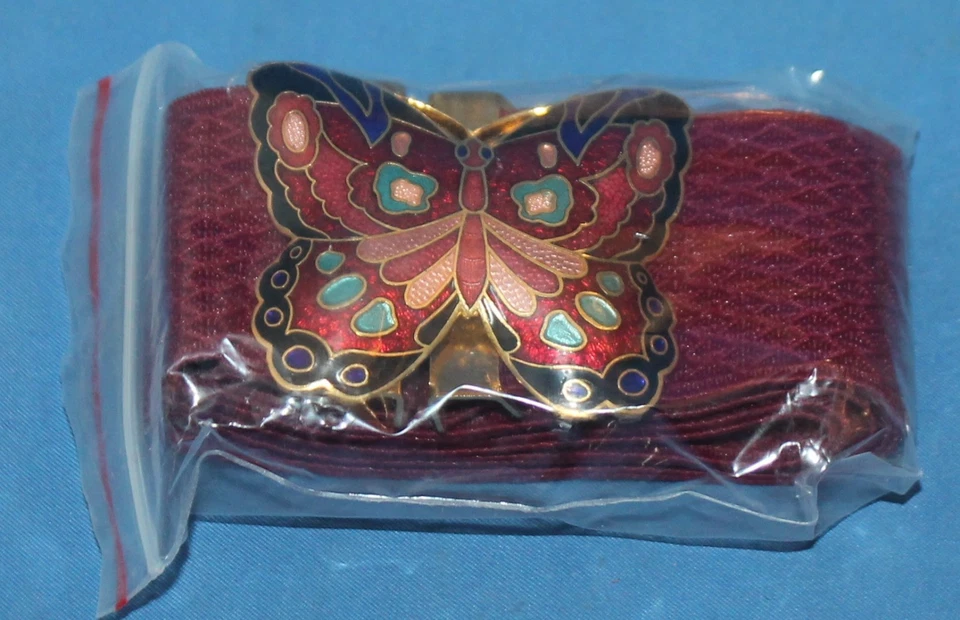 Vintage Cloisonne Butterfly Buckle  Stretch Belt Burgundy NOS - Image 1 of 1