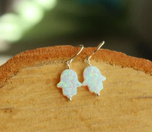 Hamsa Hand White Opal Sterling Silver Wire Wrapped Dangle Earrings Handmade - Picture 1 of 5