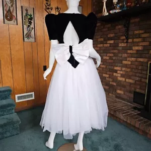 Vtg 80s Prom Velvet Cut Out Huge Bow Puff Slv Princess Fairy Ball Gown Dress S - Picture 1 of 10