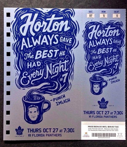 2016-17 Toronto Maple Leafs vs Florida Panthers Tim Horton Featured Ticket Cover
