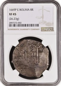 1669 P E Bolivia Charles II 8 Reales Silver Cob NGC XF45 Extremely Fine Coin - Picture 1 of 4