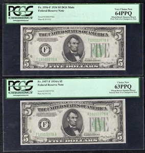 FR. 1956/1957-F 1934/1934-A $5 FRN’S “CHANGOEVER PAIR” PCGS CHOICE UNC-63/64PPQ - Picture 1 of 2