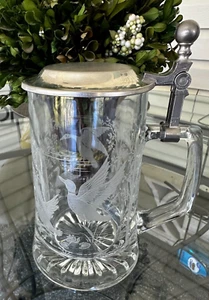 Vintage Pewter & Etched cut glass Bird Scene Stein West Germany - Picture 1 of 9
