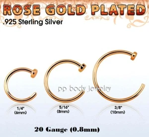 1pc 18K Rose Gold Plated 925 Sterling Silver Nose Hoop Ring 20g 1/4" 5/16" 3/8"  - Picture 1 of 1