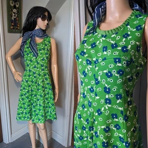 Vintage 70s Flower Power Daisy Green Frill Shift Sun Dress Mod 10 12 38 - Picture 1 of 6