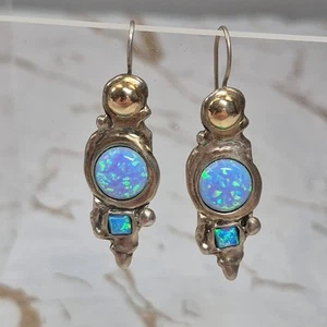 Vintage Artisan Sterling Silver 935 14K Yellow Gold Blue Opal Threader Earrings - Picture 1 of 8