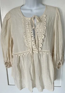 Max Studio Peasant Gauzy Top M Balloon Sleeve Cottagecore Pirate Crochet Ivory - Picture 1 of 4