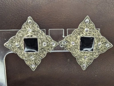 Brincos vintage prata tom estilo art déco strass transparente esmalte preto  - Imagem 1 de 3