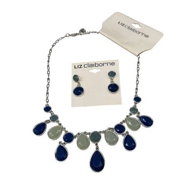 Nuevo Conjunto de Collar y Pendientes Liz Claiborne Bonito Cadena Cristal Azul Foto 1 de 3
