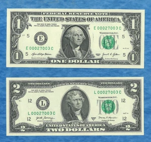 Super Low Serial Number Matching Federal Reserve Notes $2/$1 Dollar 9 Digit !! - Picture 1 of 2