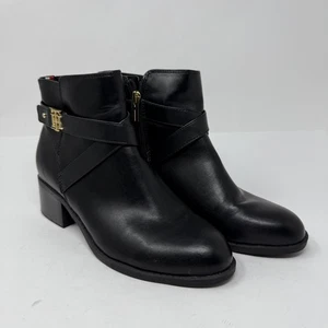 Tommy Hilfiger Boots Womens Size 8.5 Leather Ankle Block Heel Strap Gold TH - Picture 1 of 15