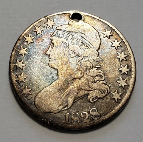 1828 50c Capped Bust Silver Half Dollar - F/VF - Blue Toning - Holed - SKU-Z4030 Cover